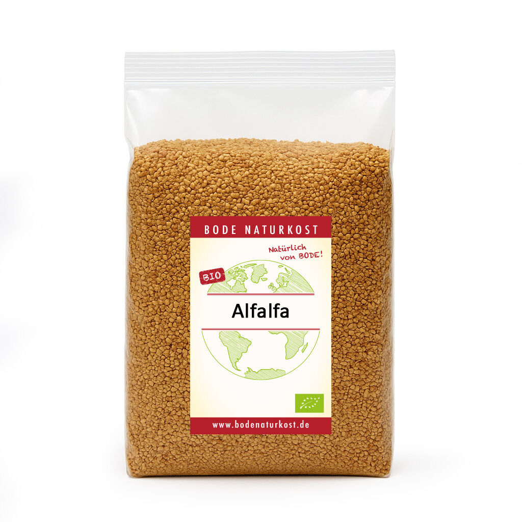 Organic alfalfa granules in clear pouch, Bode Naturkost