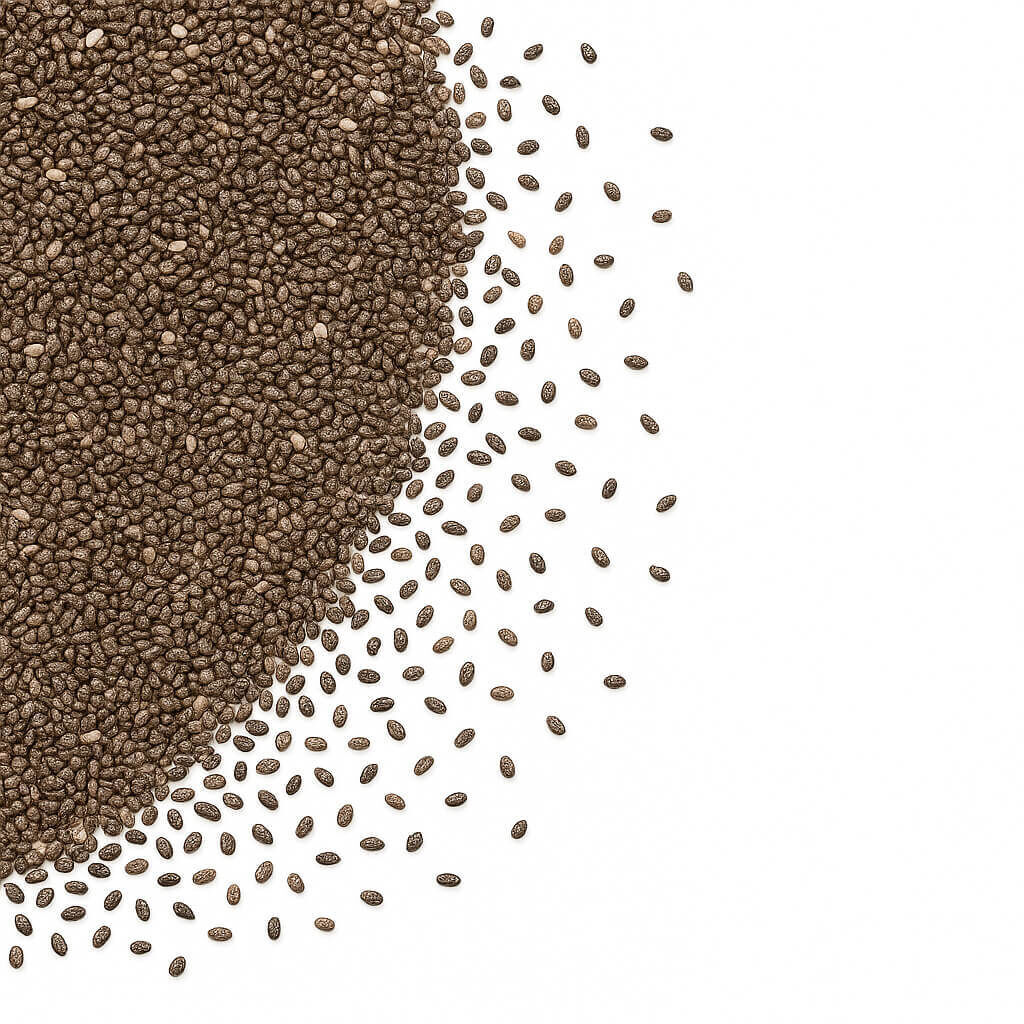 Scattered chia seeds on white background