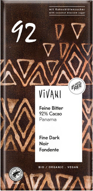 Indpakning af Vivani mørk chokolade 92% kakao fra Panama. Brun mønstret emballage med hvid label 'Vivani', tekst 'Fine Dark' og mærker for økologisk, vegansk og plastfri.