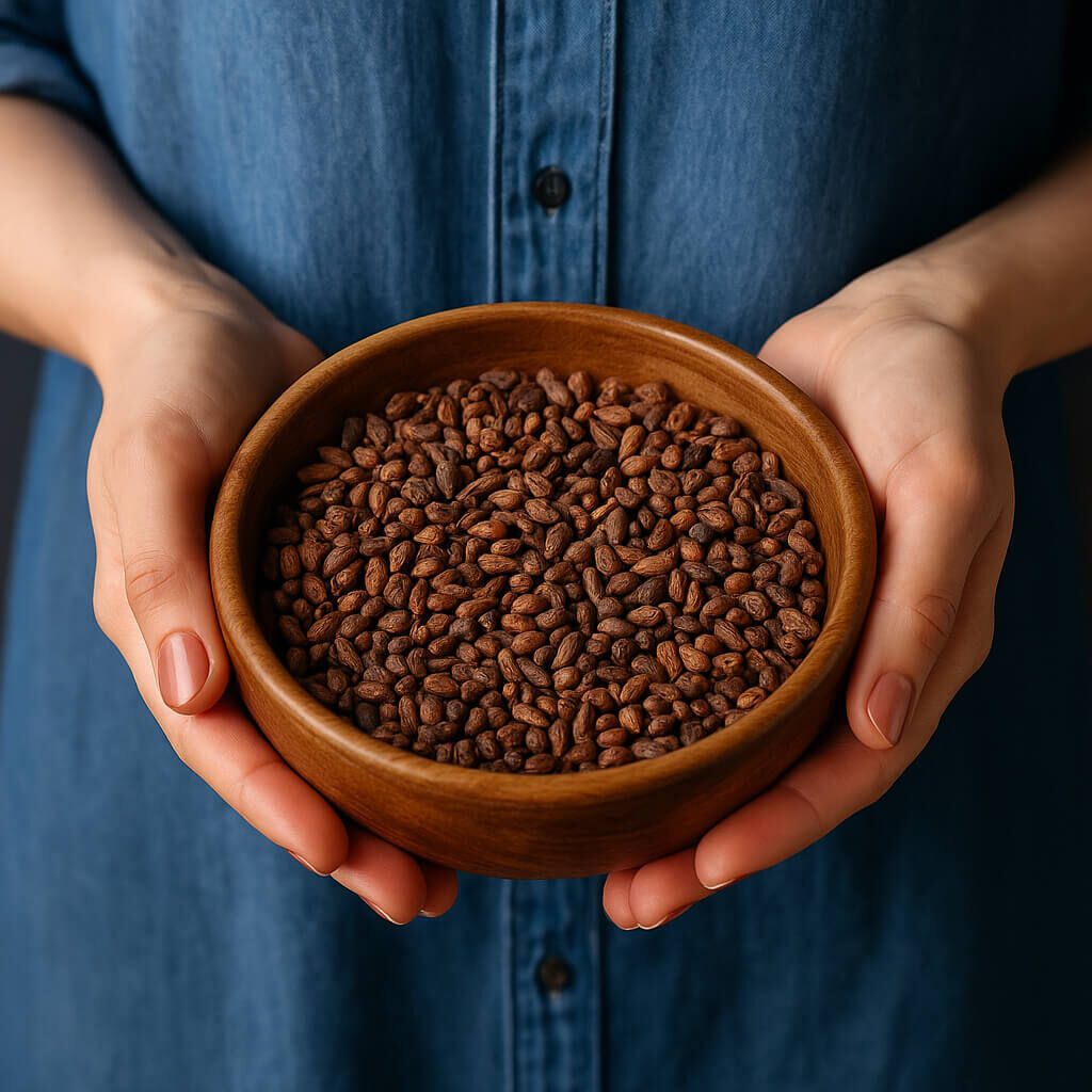 Hands holding wooden bowl of cocoa nibs