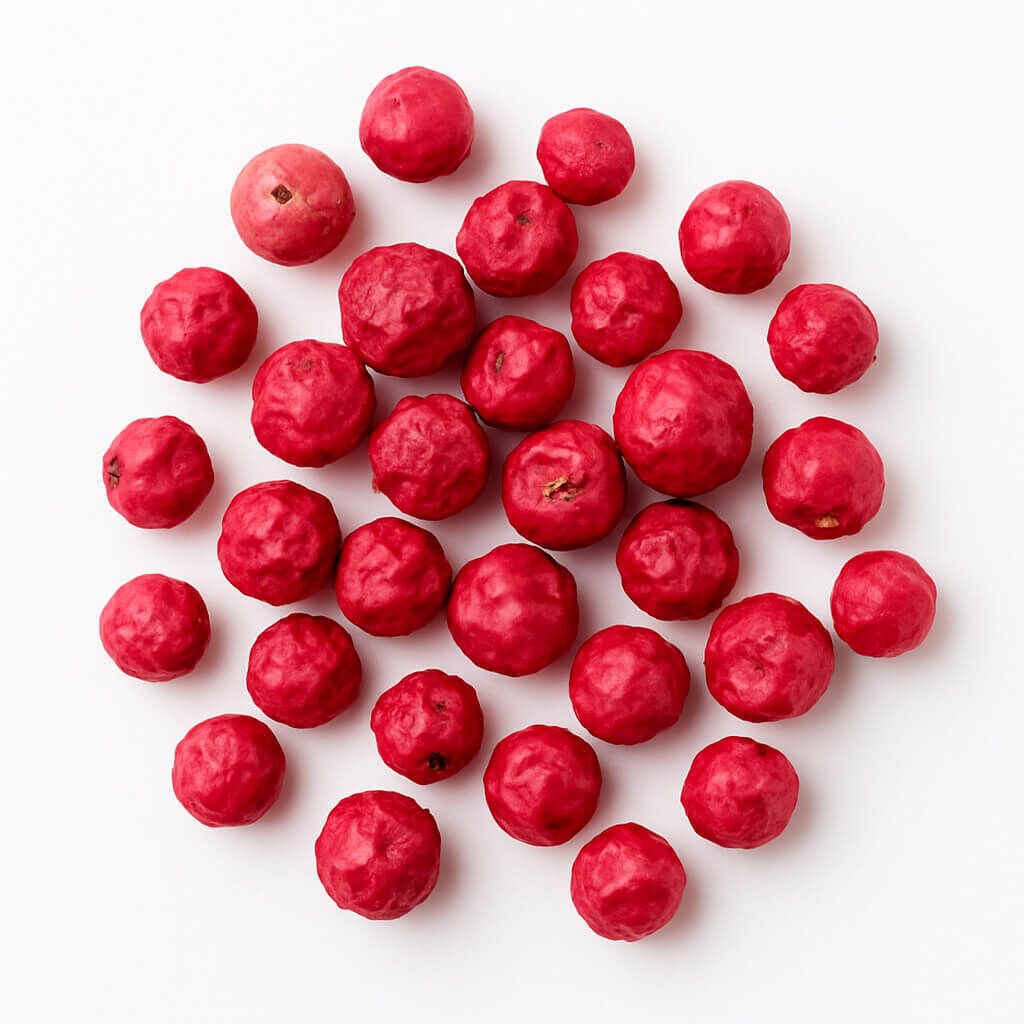 Cluster of pink peppercorns, overhead view