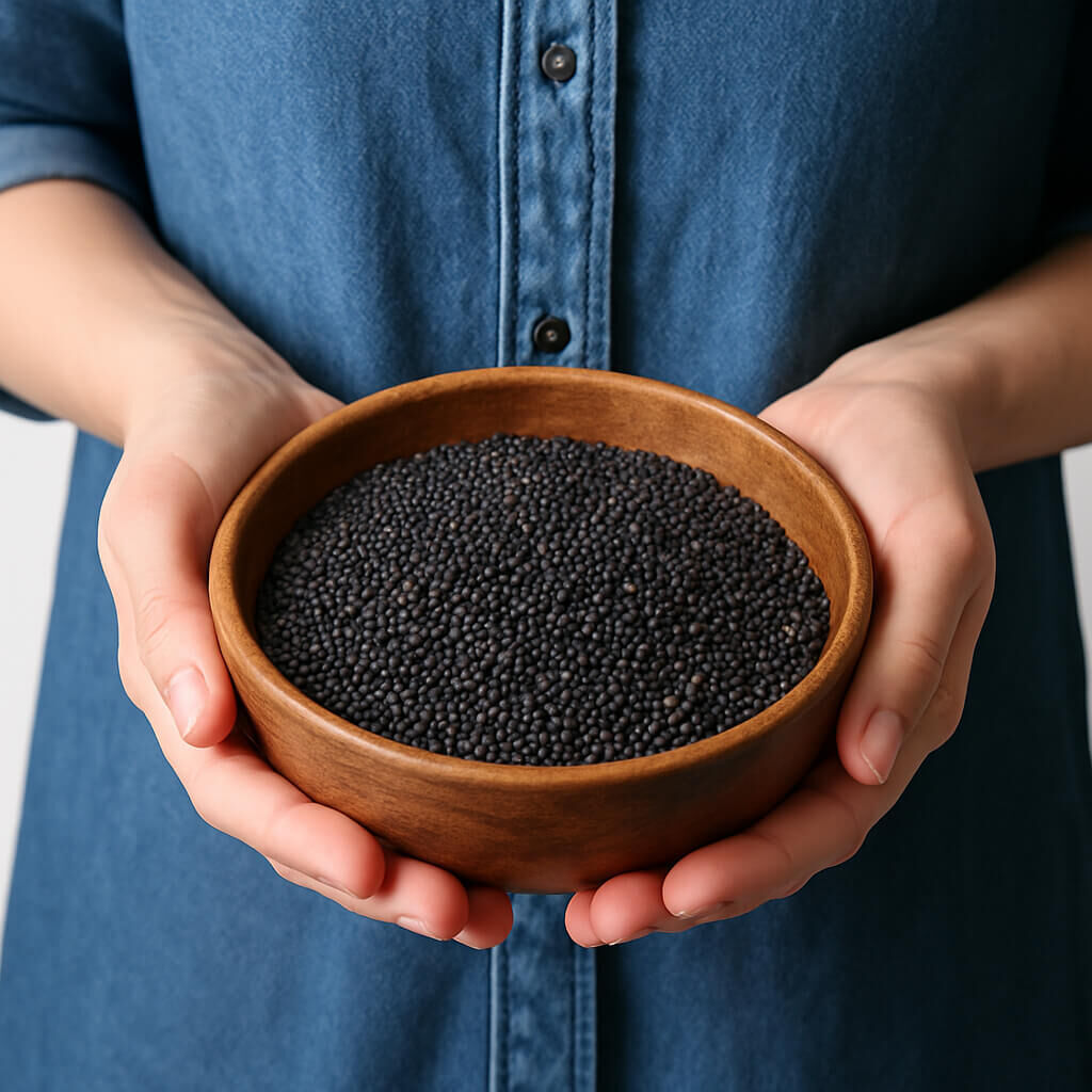 Hands holding wooden bowl of black beluga lentils