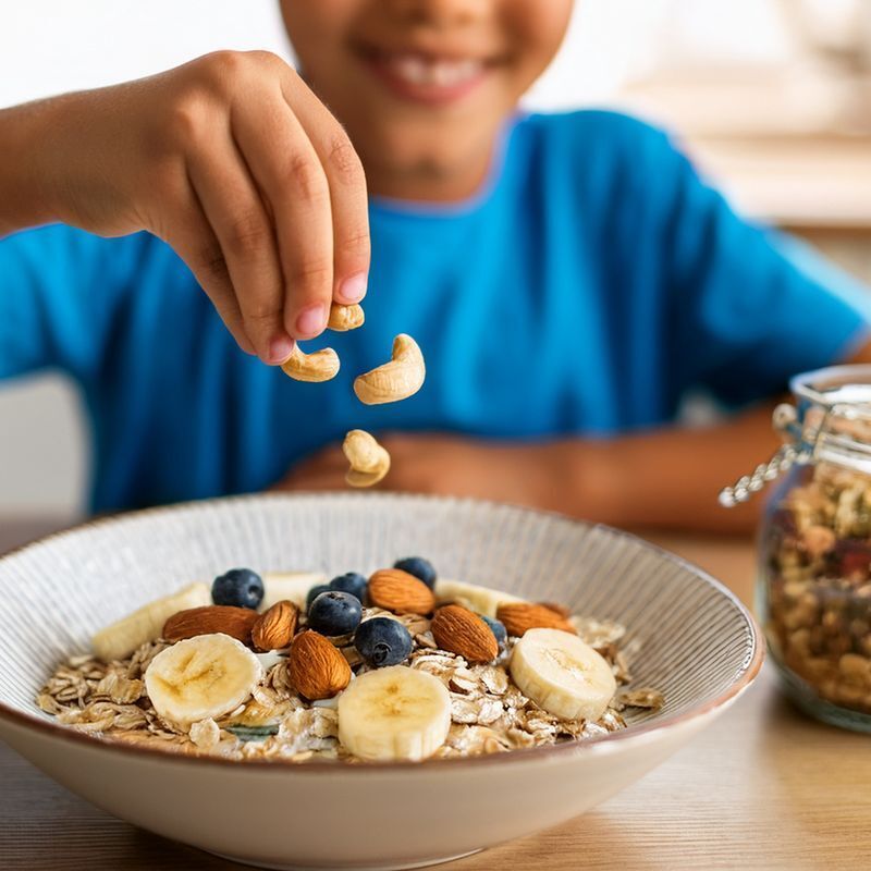 Hand sprinkling cashews onto muesli with banana & berries