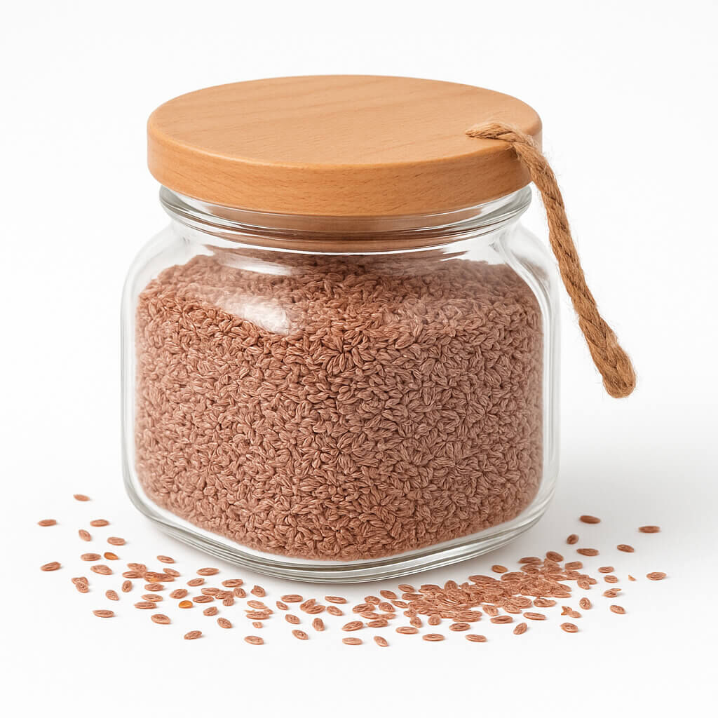 Glass jar with brown seeds and wooden lid