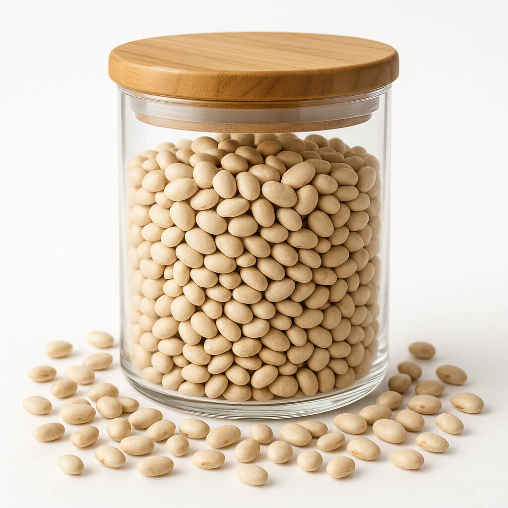 Glass jar of white beans with wooden lid
