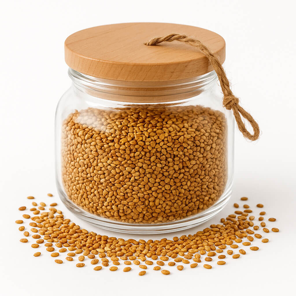 Clear glass storage jar filled with golden granules