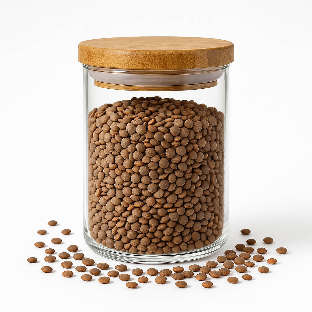 Jar filled with brown lentils on white background