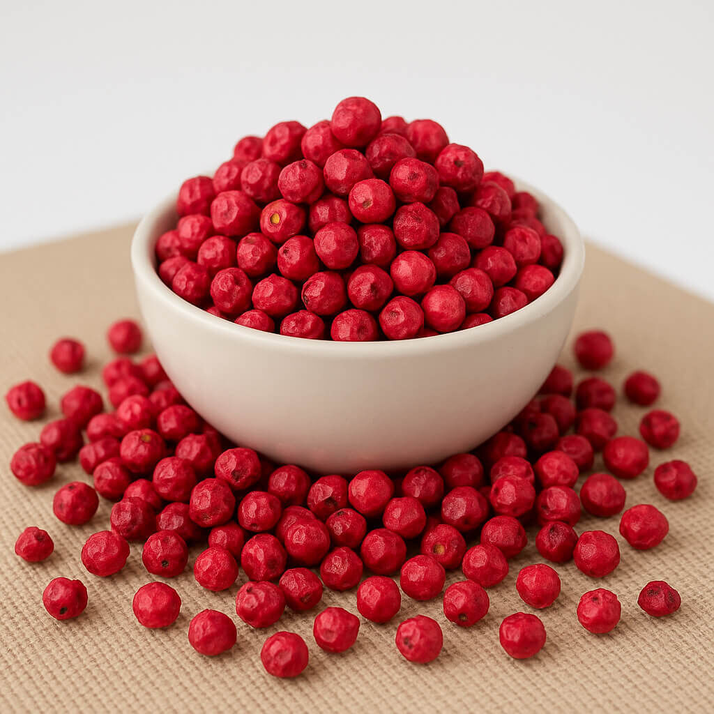 Dried pink peppercorns spilling from a white bowl