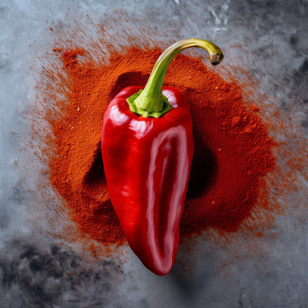 Nærbillede af en frisk rød peberfrugt, der ligger på en bunke rødt paprika-pulver på en mørk baggrund