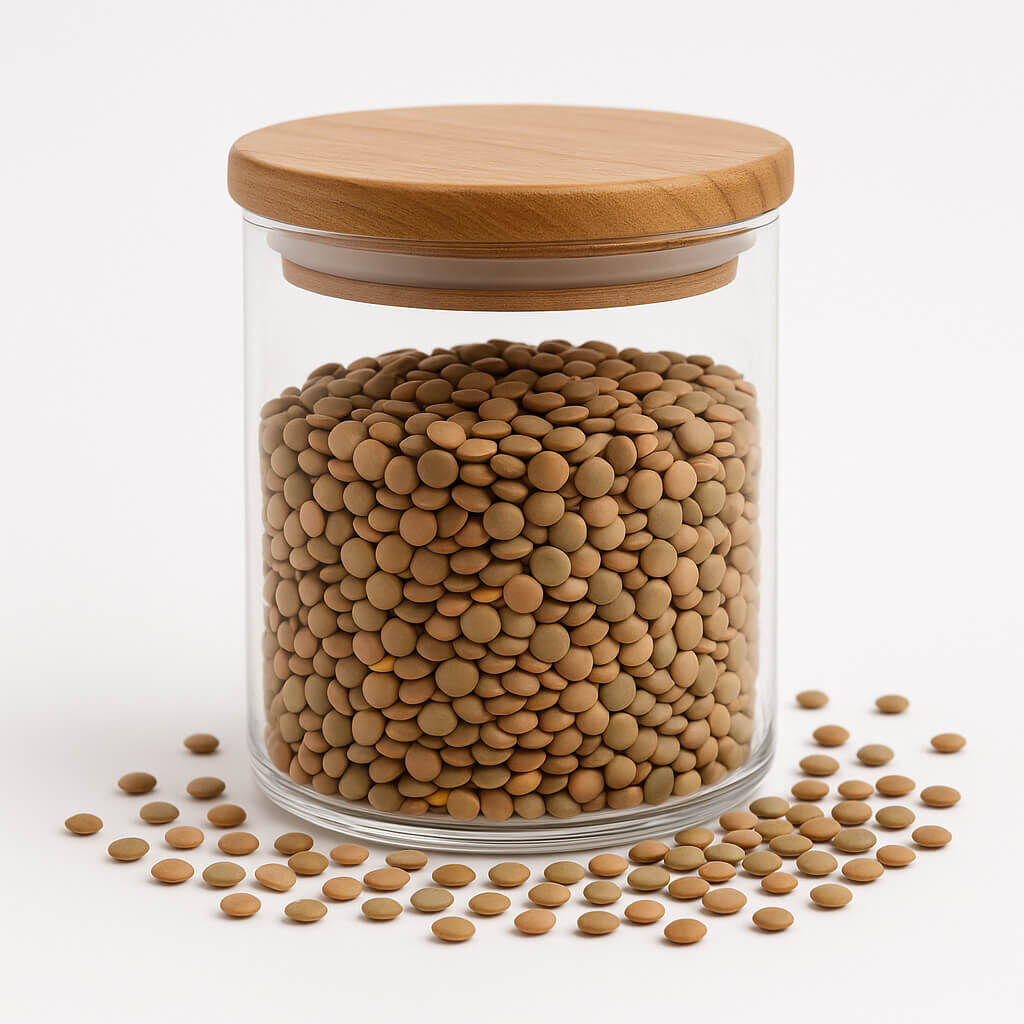 Glass jar with wooden lid filled with brown lentils
