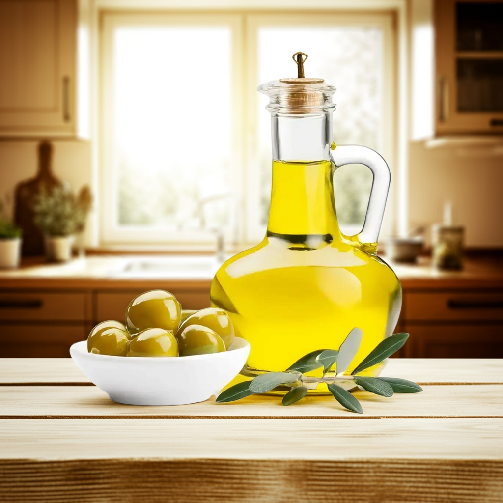 Glaskaraffel med gylden ekstra jomfru-olivenolie ved siden af en hvid skål med grønne oliven og olivengren på et lyst træbord i et køkken