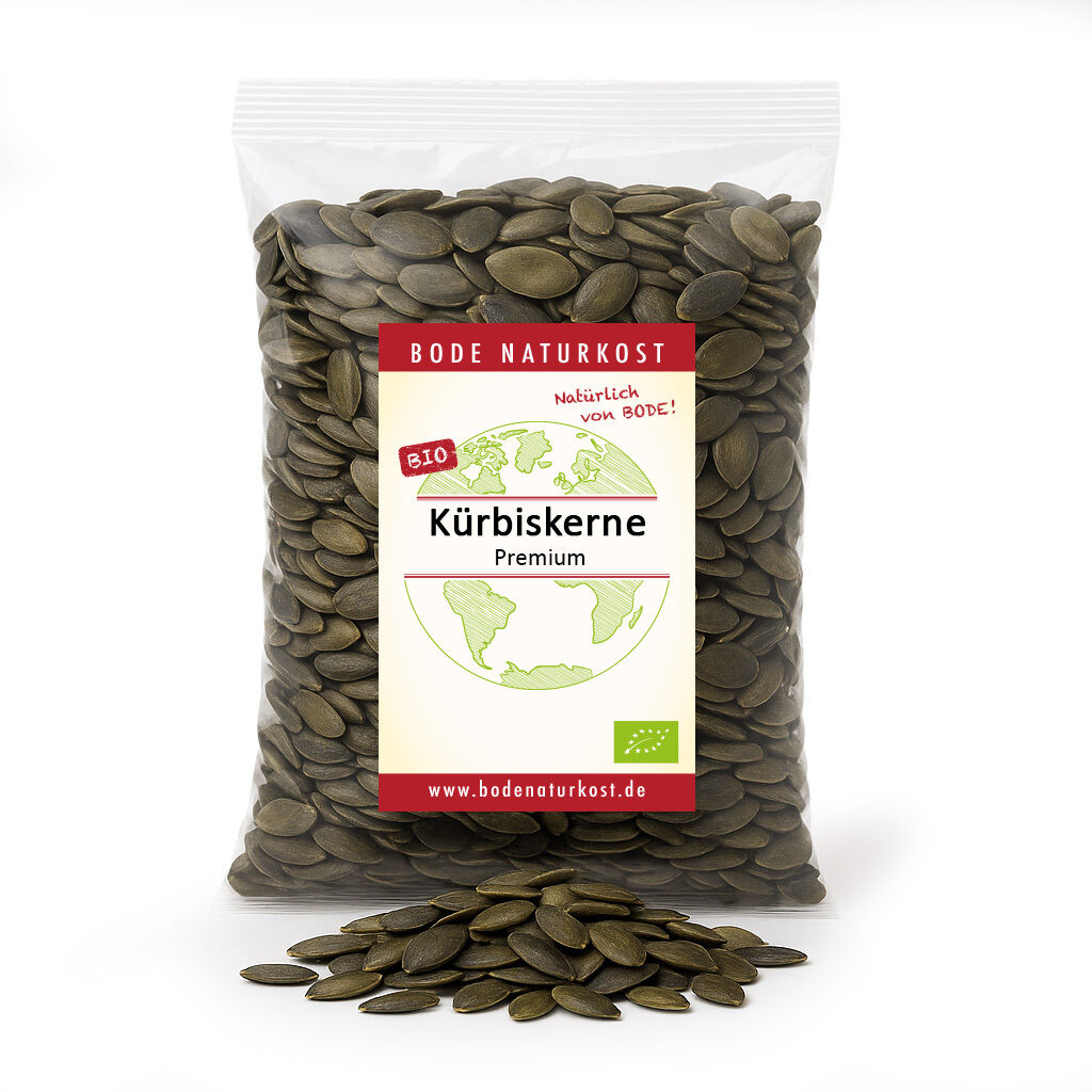 Bag of premium organic pumpkin seeds on white