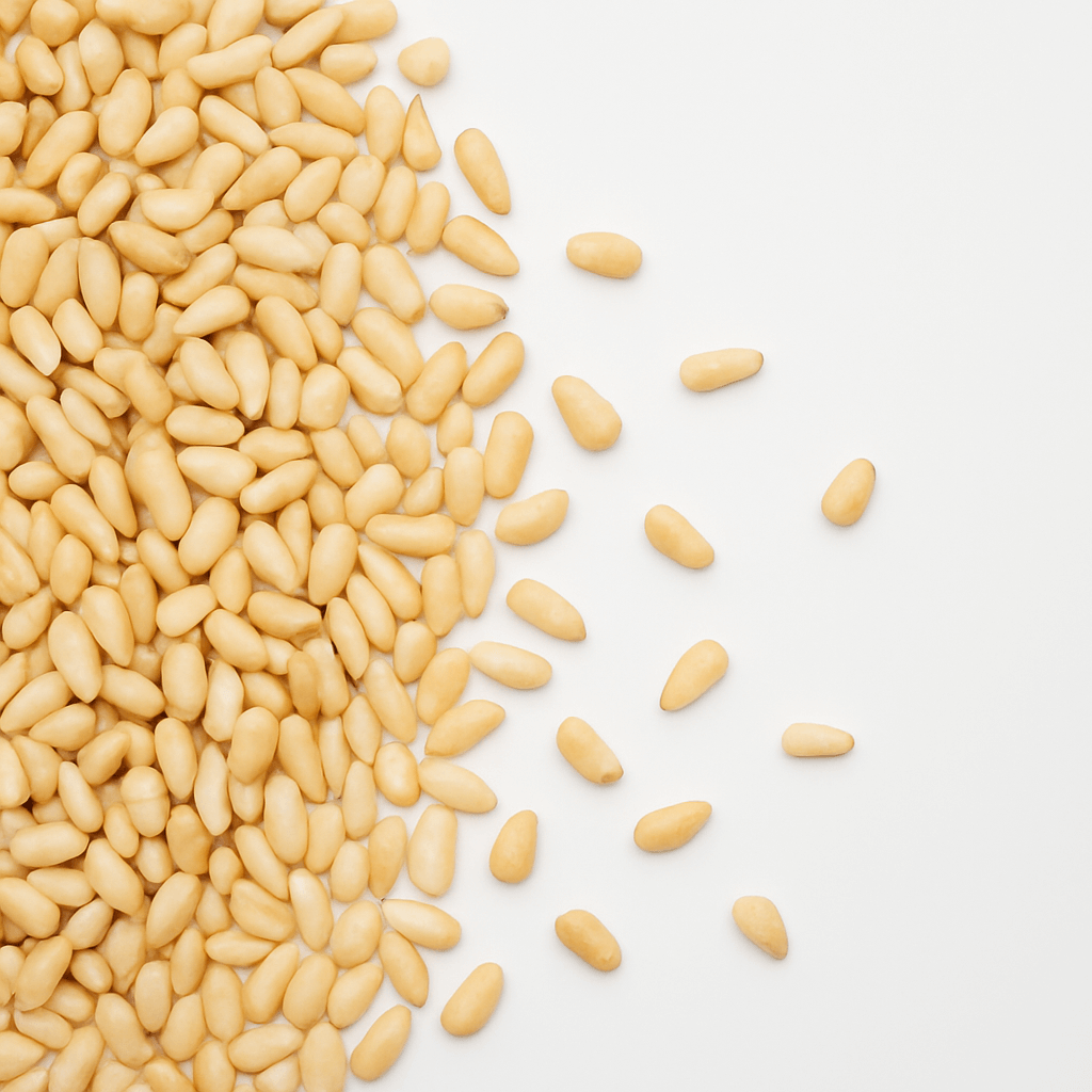 Pile of shelled pine nuts on white surface