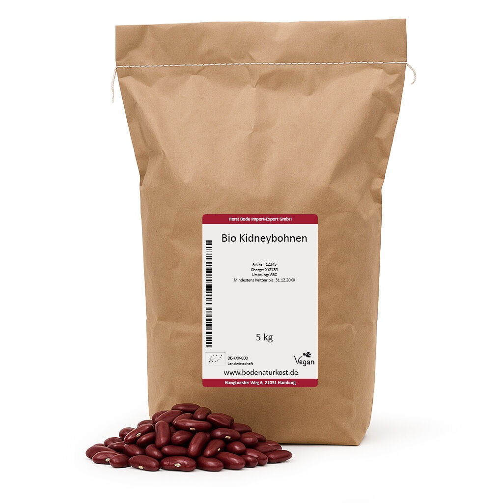 Brown paper bag with label and 5kg organic kidney beans