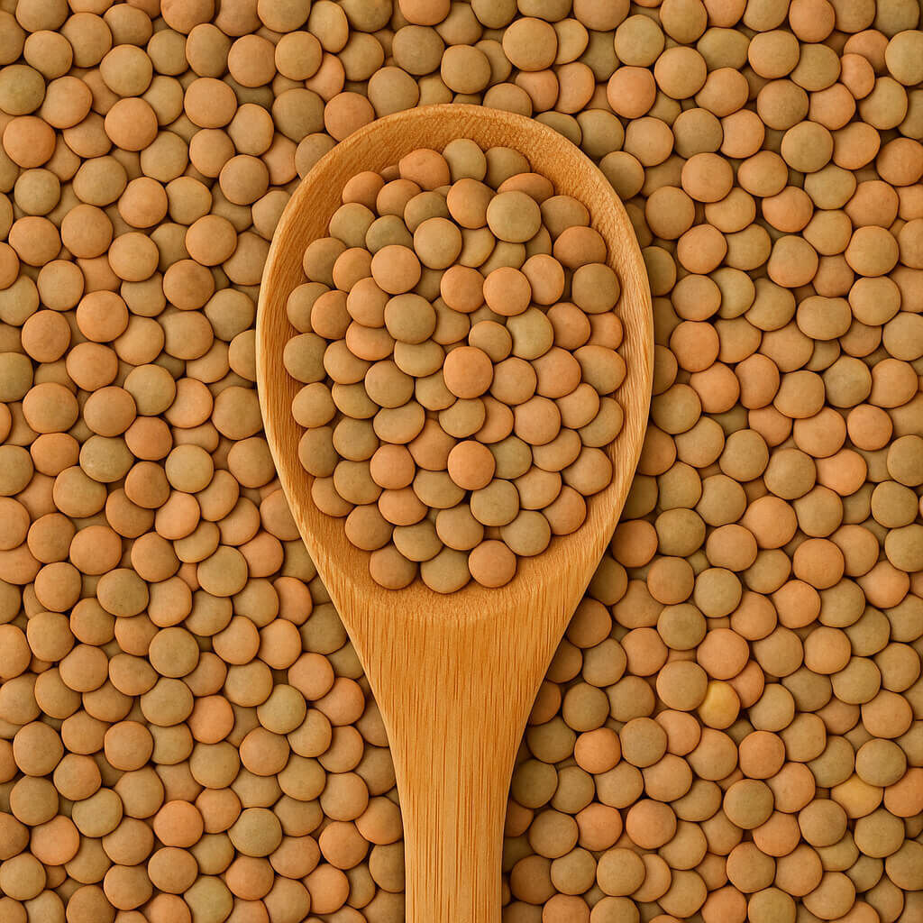 Wooden spoon filled with brown lentils