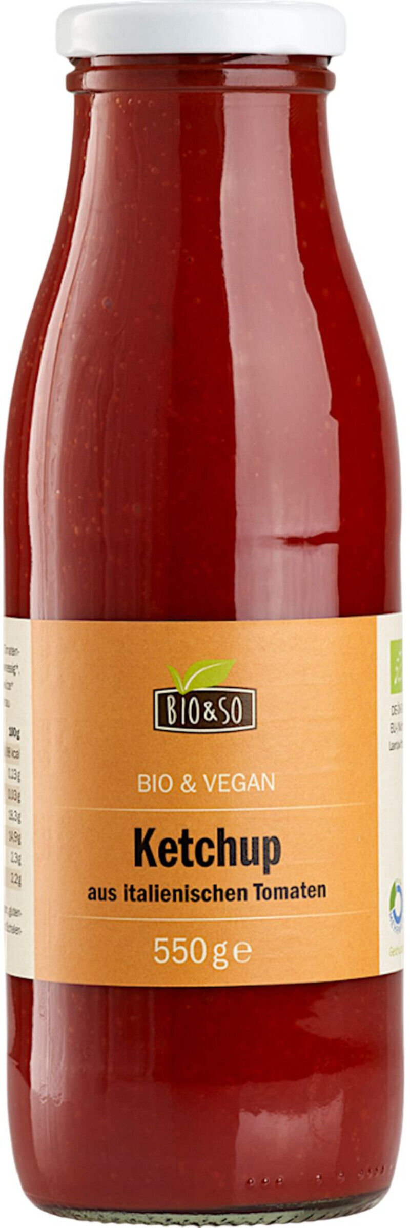 Glasflaske med rød ketchup fra Bio&So, orange etiket med teksten 'BIO & VEGAN Ketchup', 550 g
