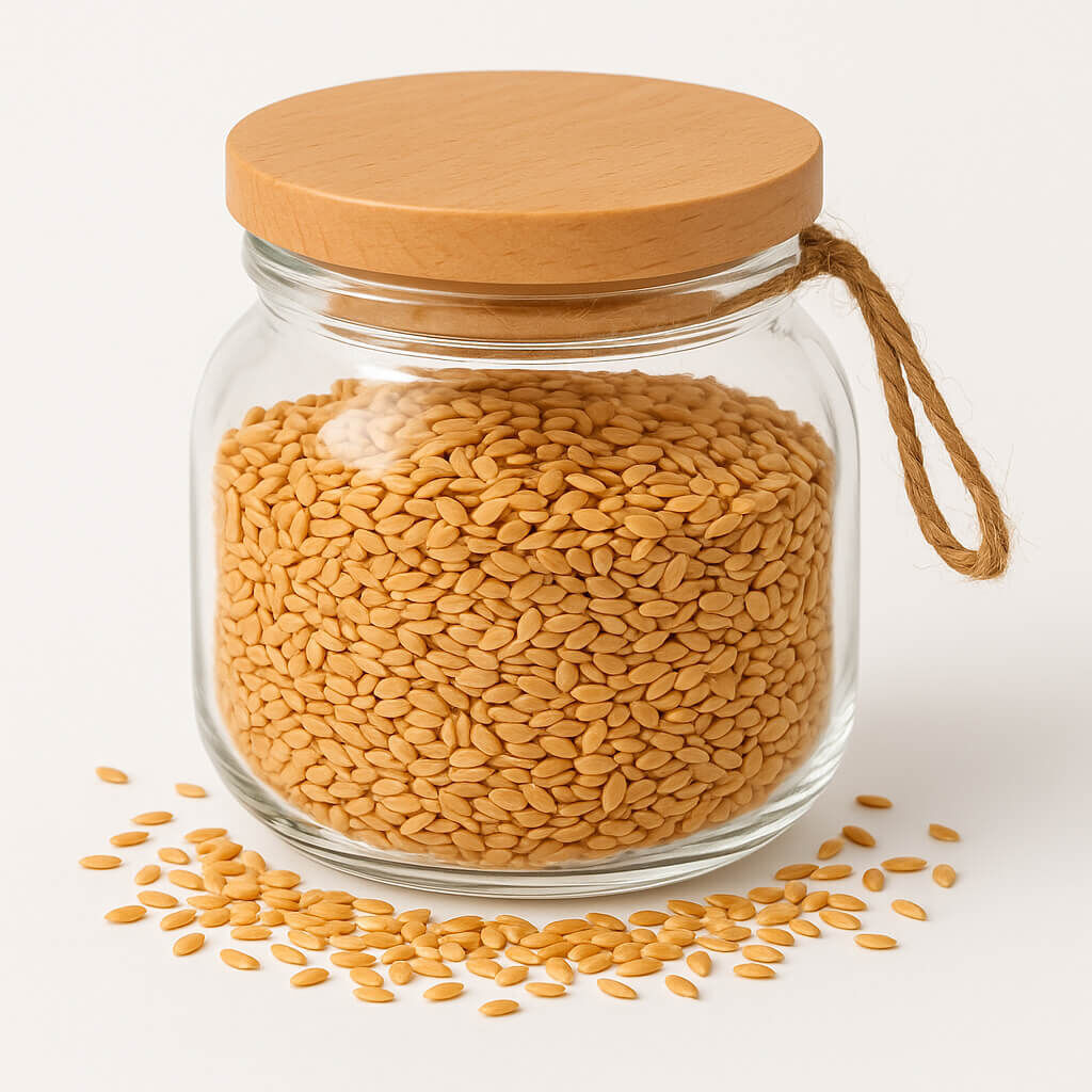 Jar of sesame seeds with wooden lid