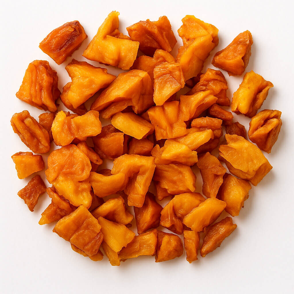 Close-up of dried mango pieces on white background