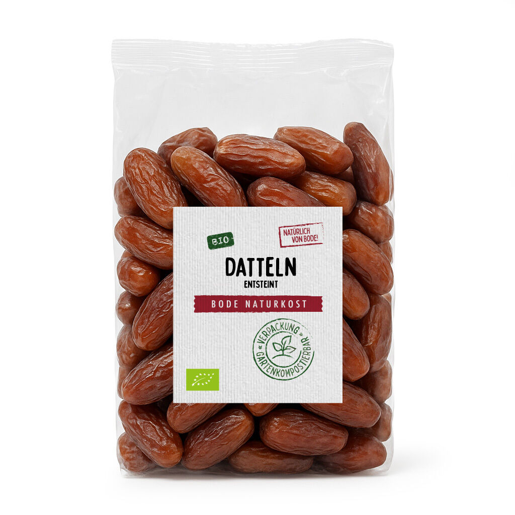 En pakke med 500g økologiske udkernede dadler fra Bode Naturkost