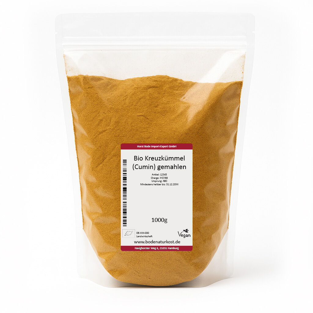 Gennemsigtig genlukkelig plastikpose med 1000 g økologisk stødt spidskommen (cumin) og hvid etiket