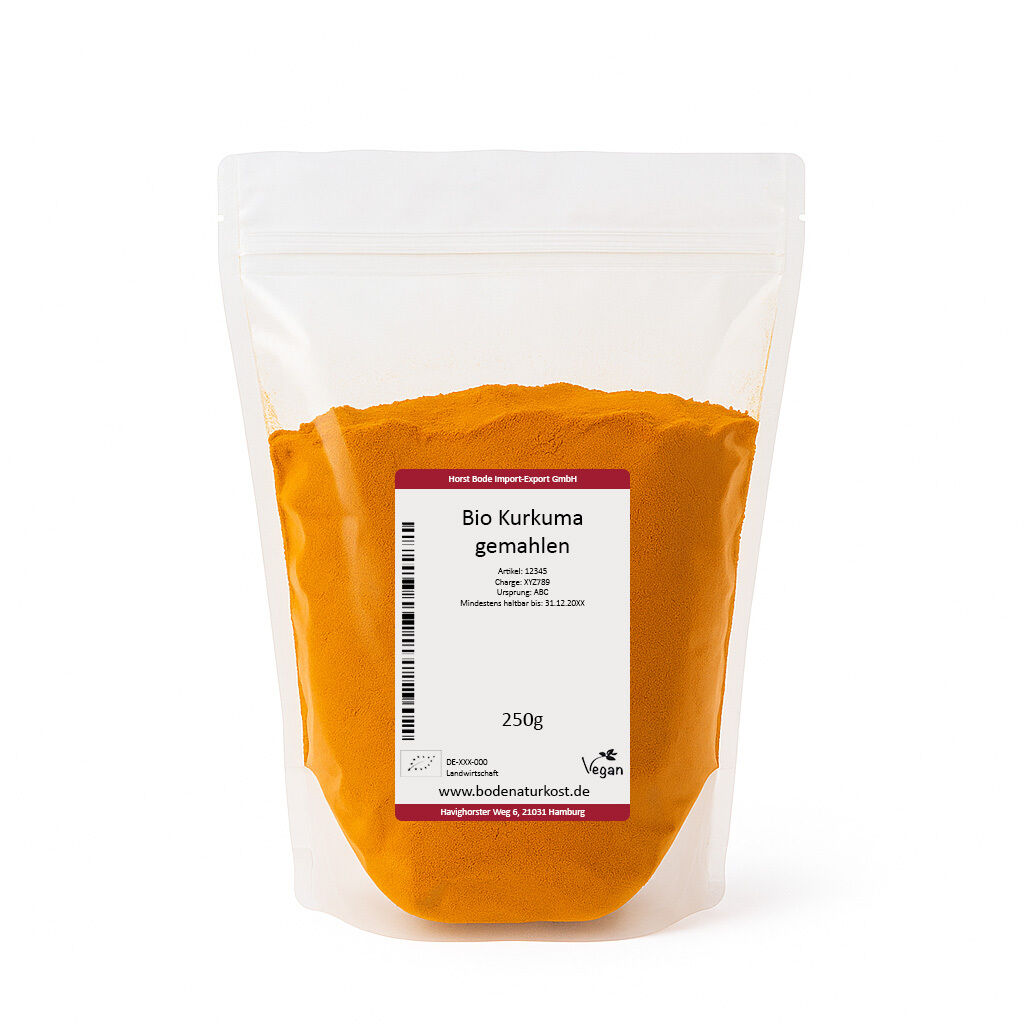 Genlukkelig gennemsigtig plastpose med 250 g økologisk malet gurkemeje, orange krydderipulver og hvid etikette