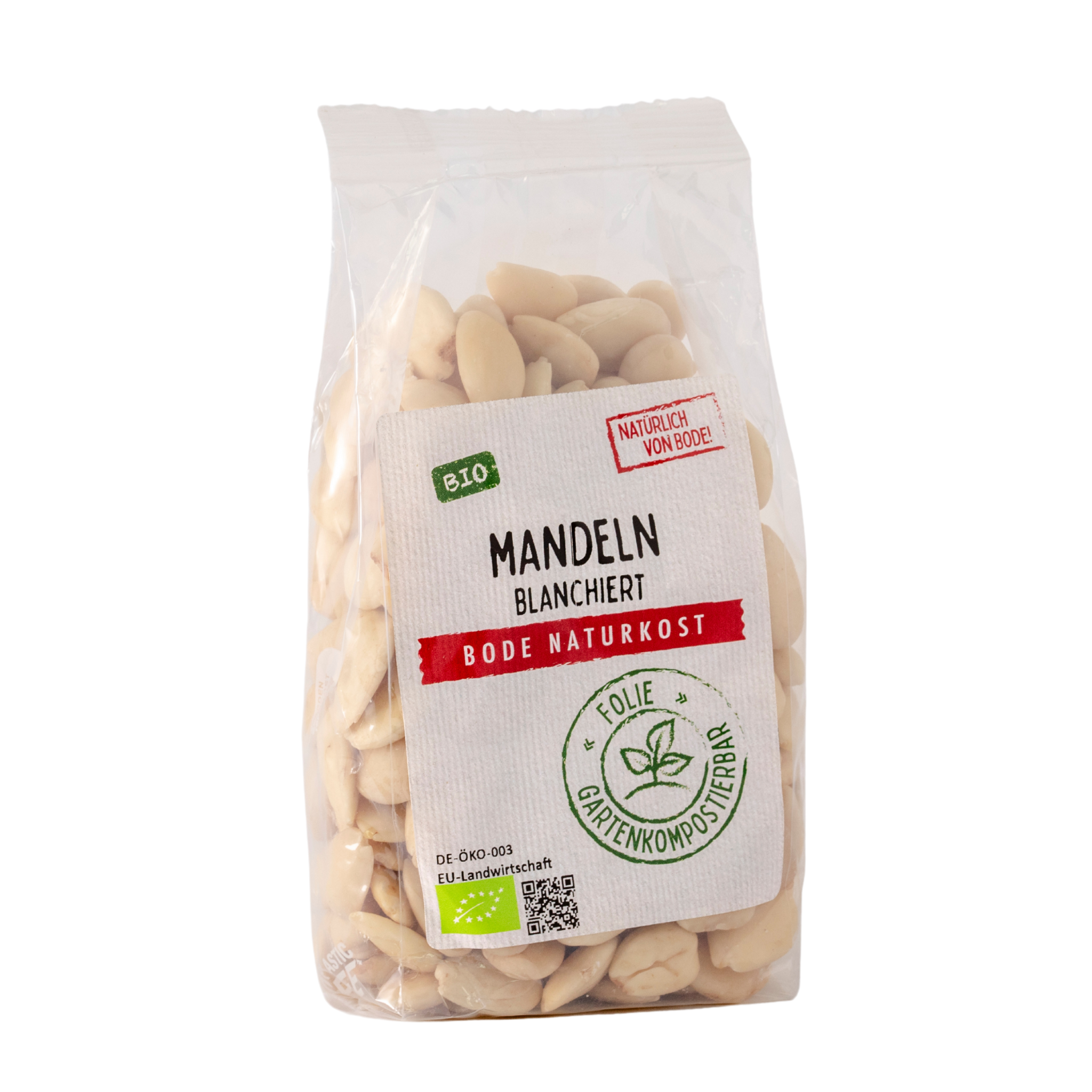 Gennemsigtig pose med økologiske blancherede mandler fra Bode Naturkost, synlig etiket med EU-økologimærke og mærkning om komposterbar folie