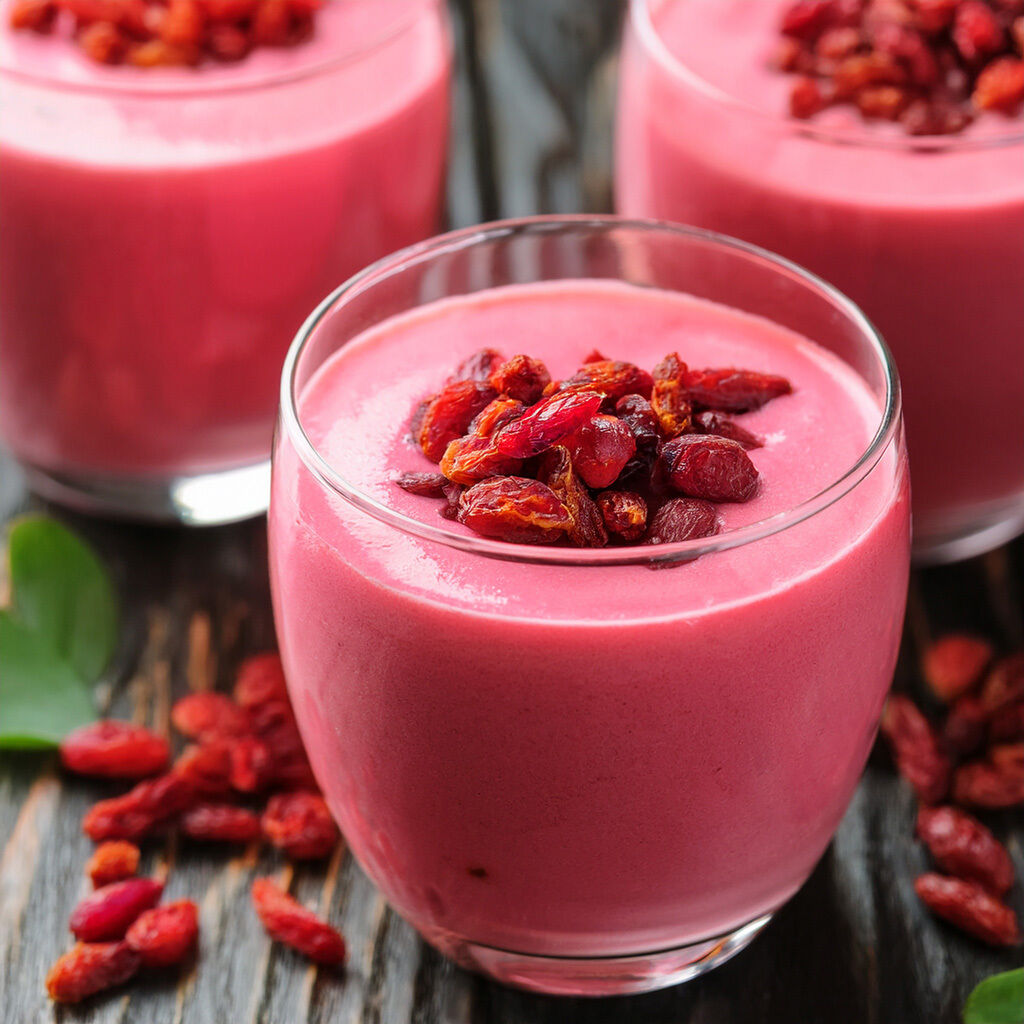 Glass of pink smoothie topped with goji berries