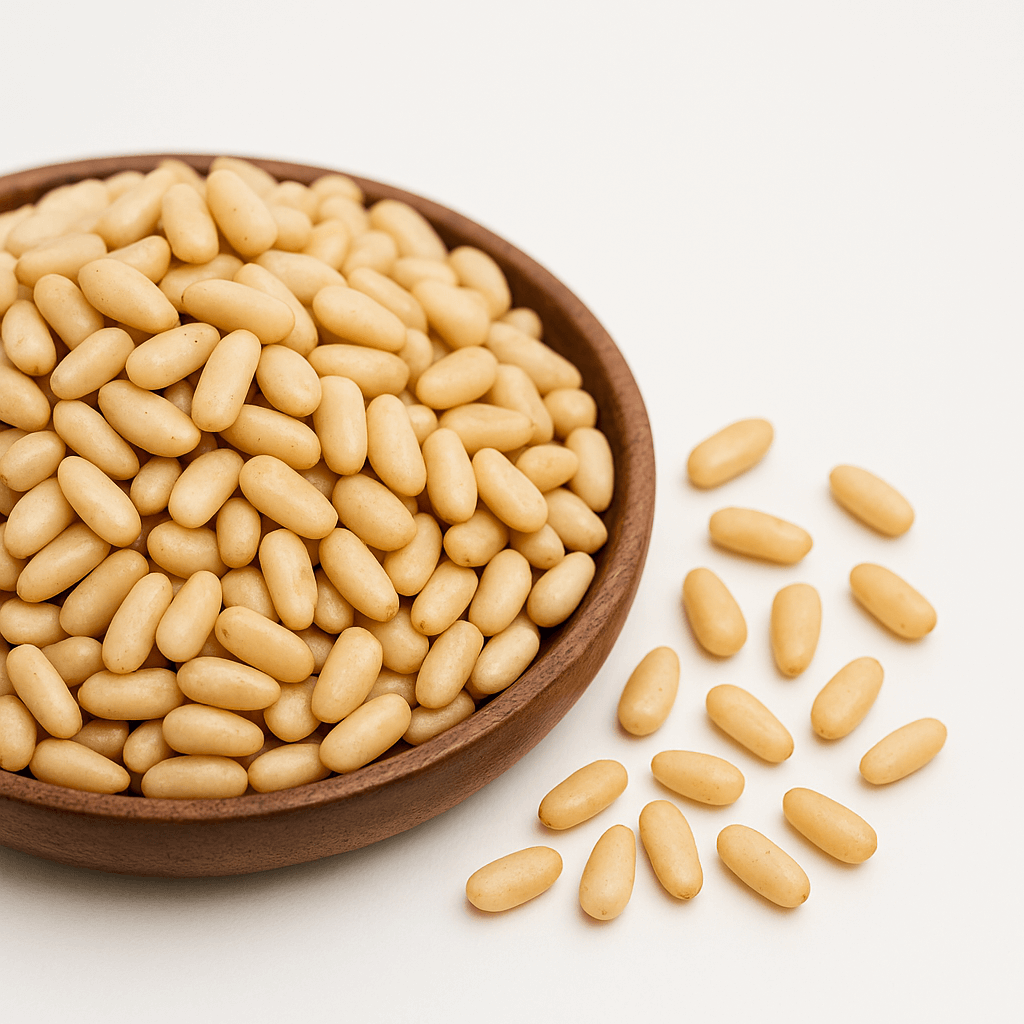 Pine nuts in wooden bowl on white background