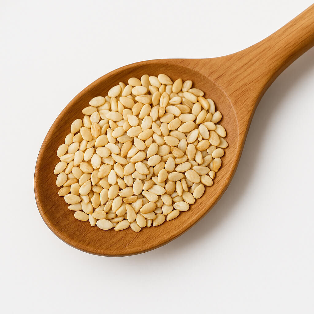 Hulled sesame seeds in a wooden spoon