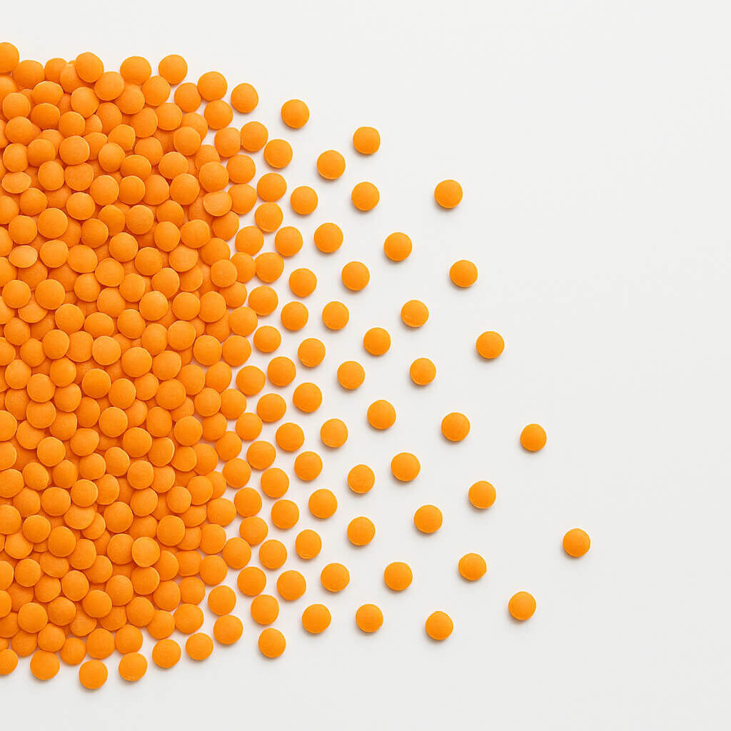 Scattered orange sugar pearls on white surface