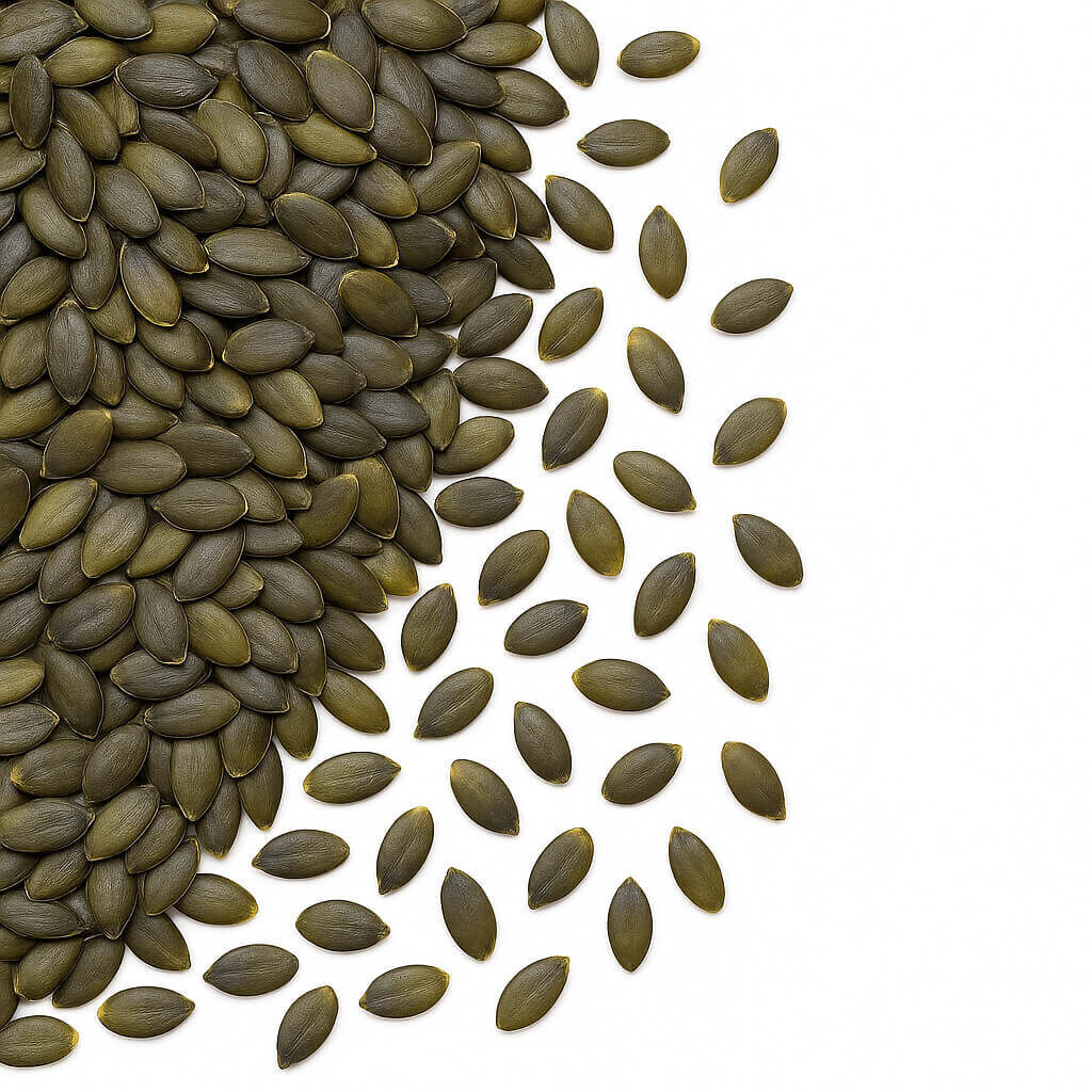 Pile of green pumpkin seeds scattered on white