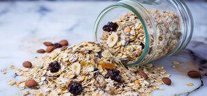 Jar of muesli with nuts and dried fruit