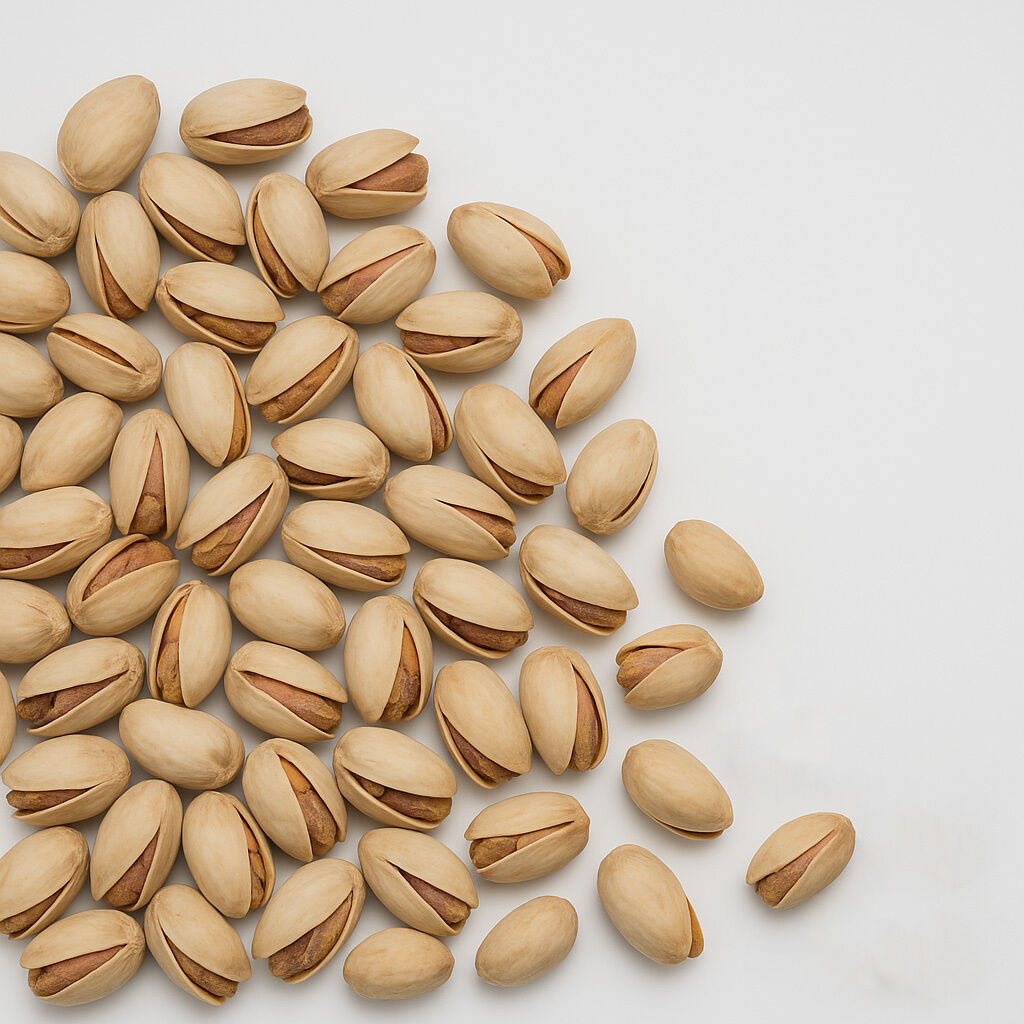 Nahaufnahme mehrerer Pistazien in geöffneten hellbraunen Schalen auf weißem Hintergrund