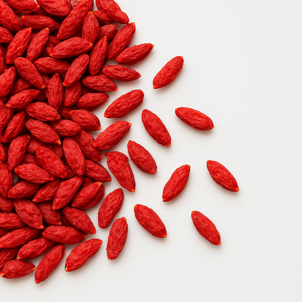 Dried goji berries, close-up on white