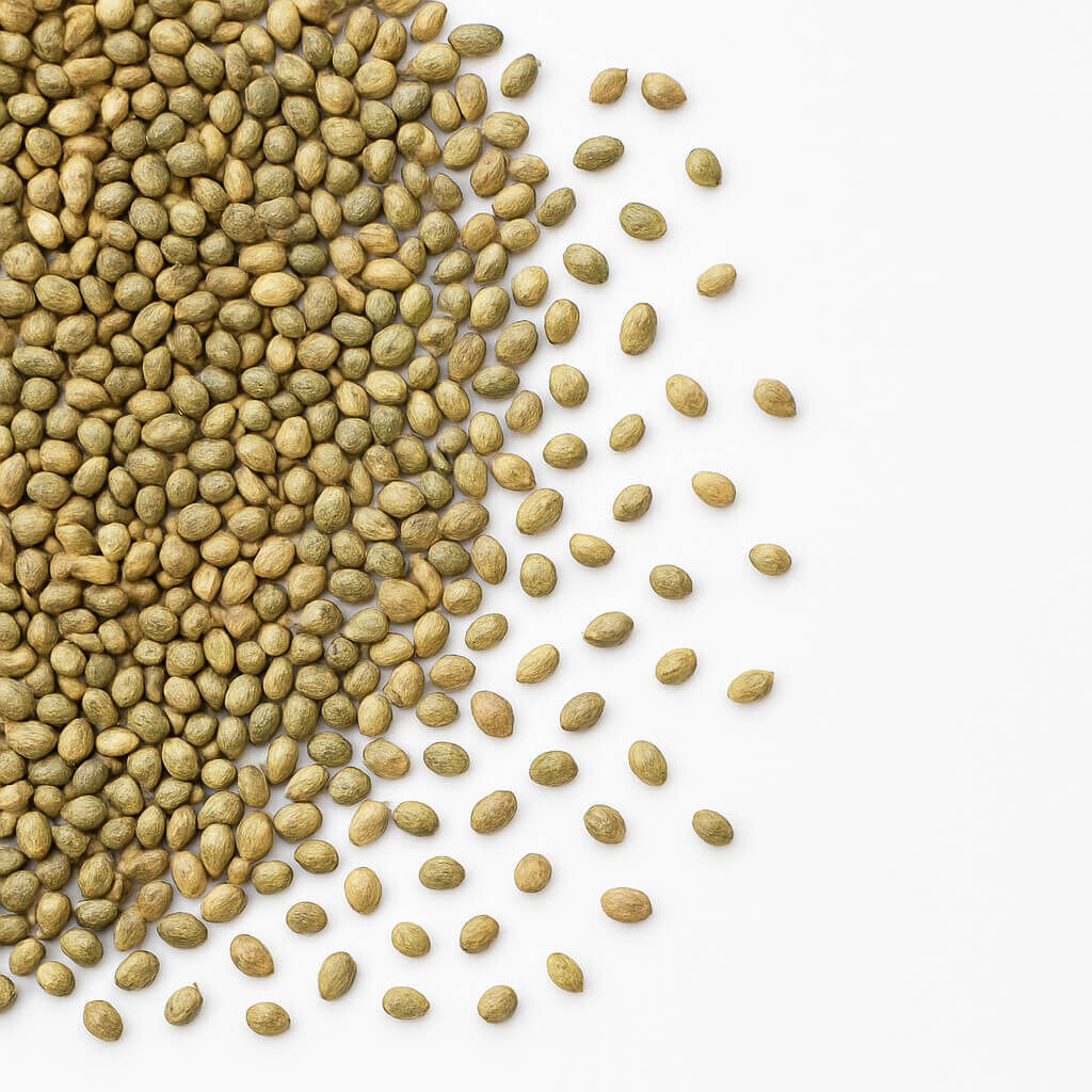 Close-up of green hemp seeds on white surface