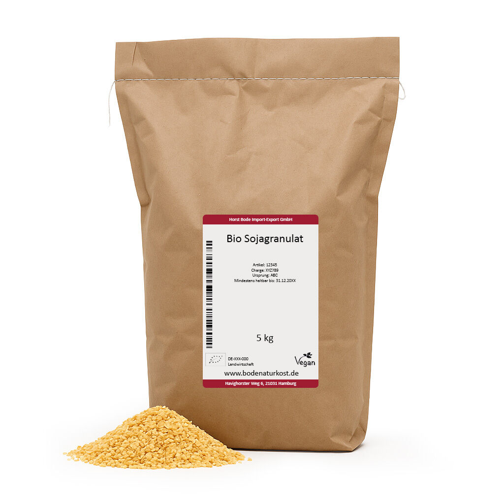 Pile of organic soy granules with 5 kg kraft bag