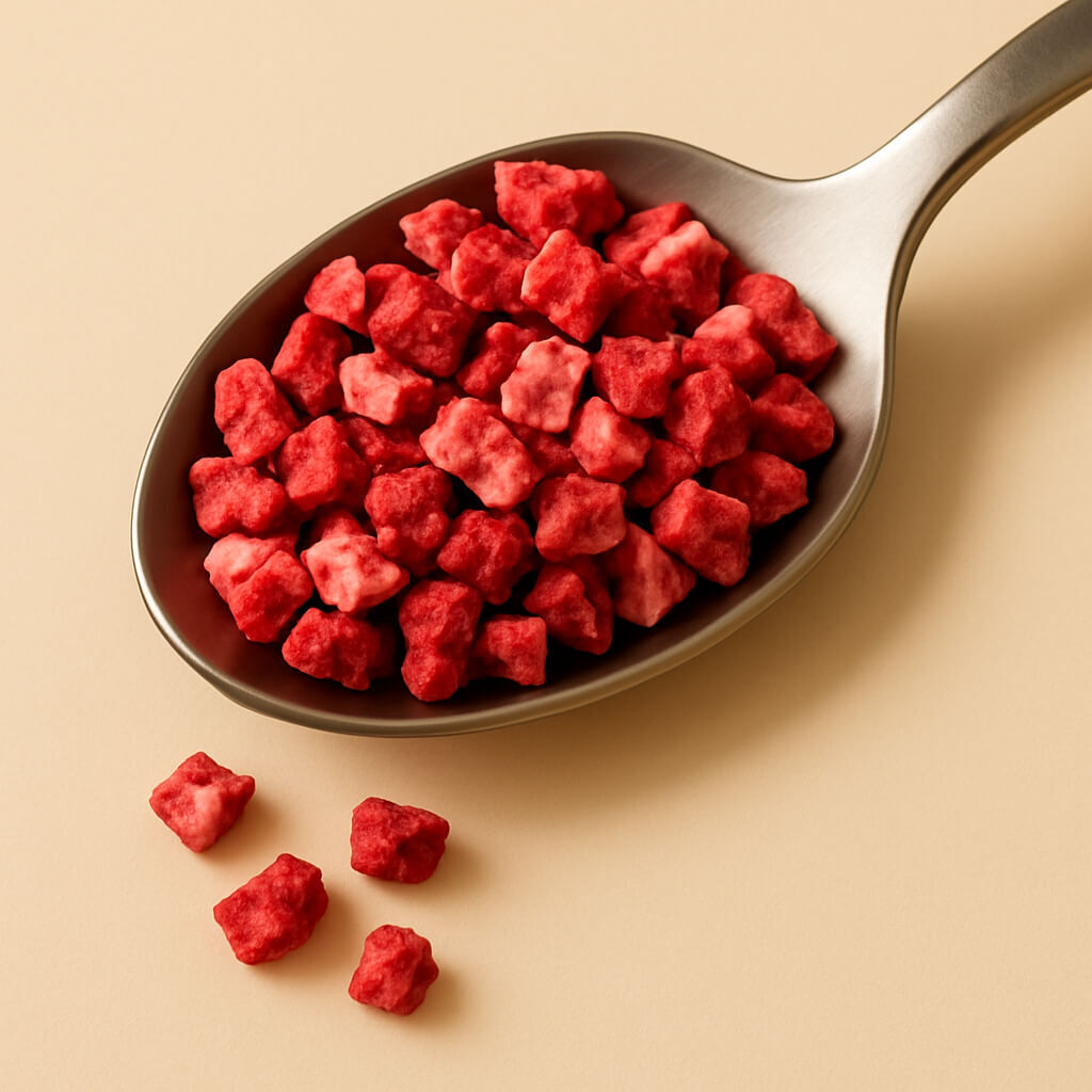 Rote gefriergetrocknete Erdbeeren Stücke 2–10 mm, bio