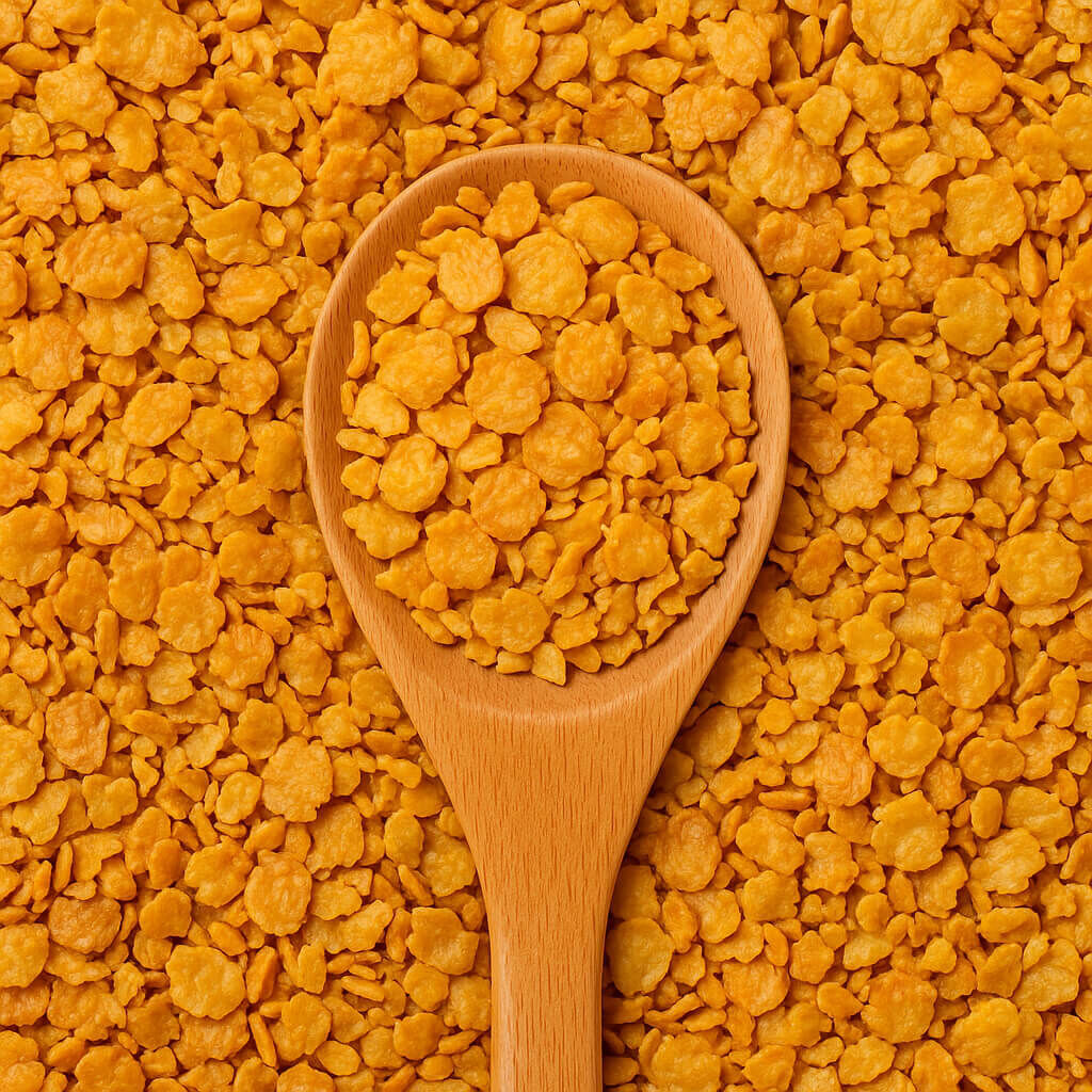 Close-up of golden cornflakes in wooden spoon