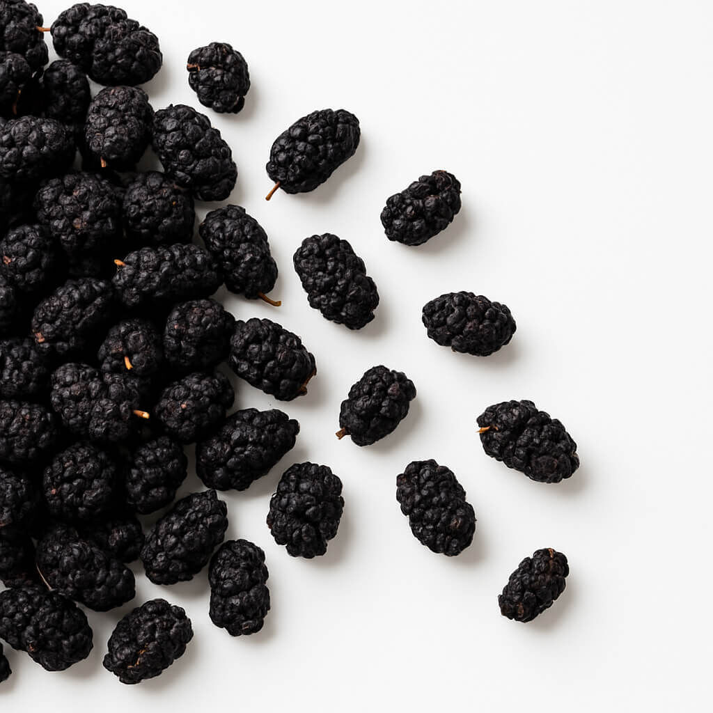 Dried black mulberries on white background
