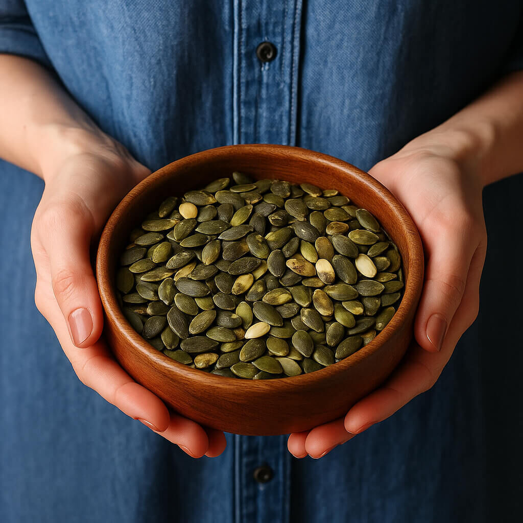 Hands holding a bowl of shelled pumpkin seeds