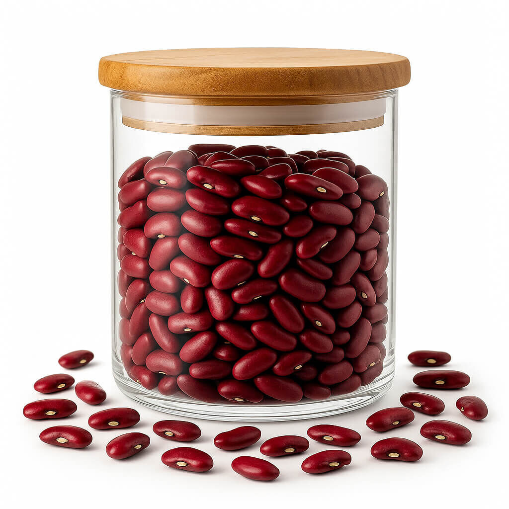 Glass jar filled with red kidney beans, some spilled