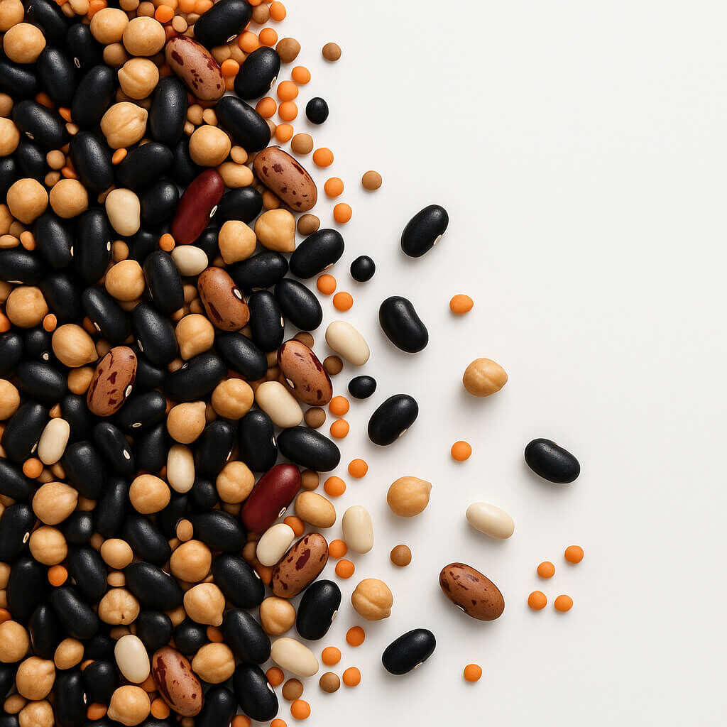 Assorted dried beans and orange lentils scattered