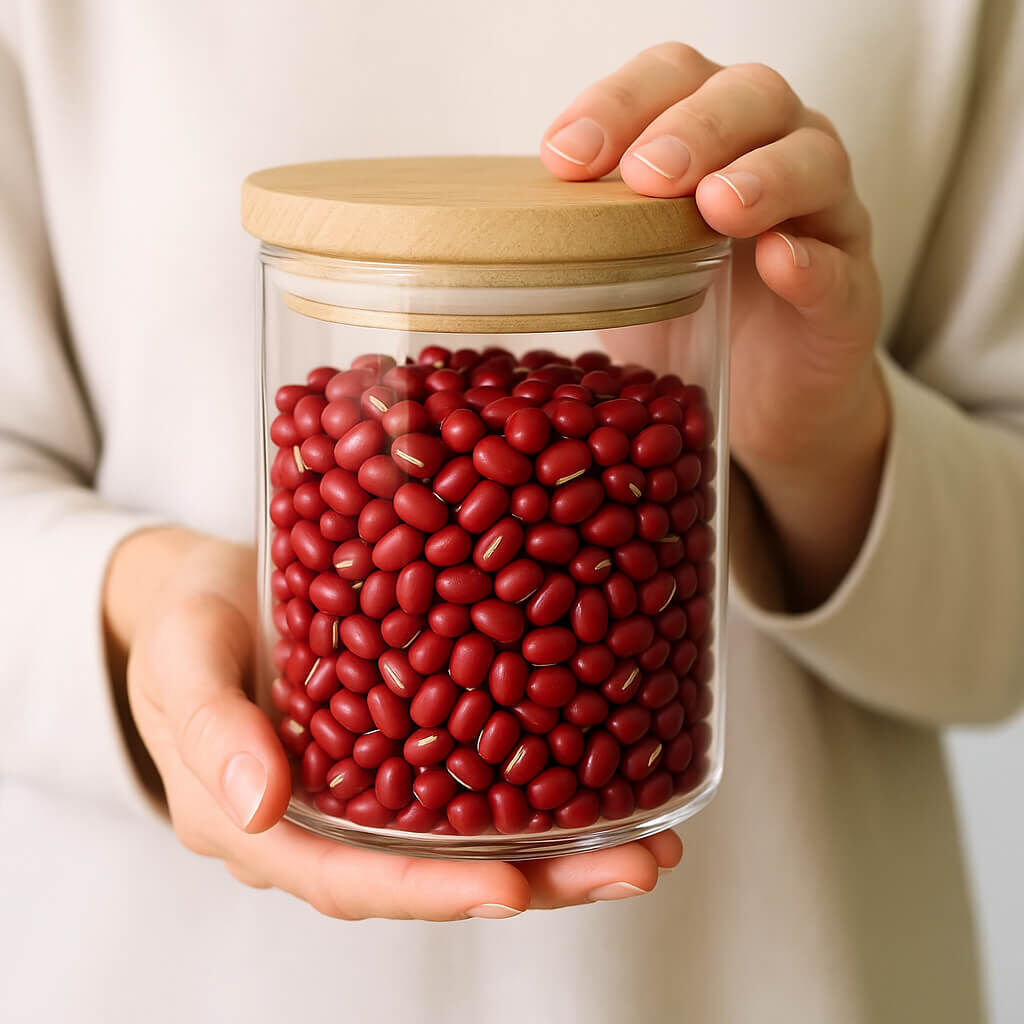 Glass jar of red beans with wooden lid held in hands