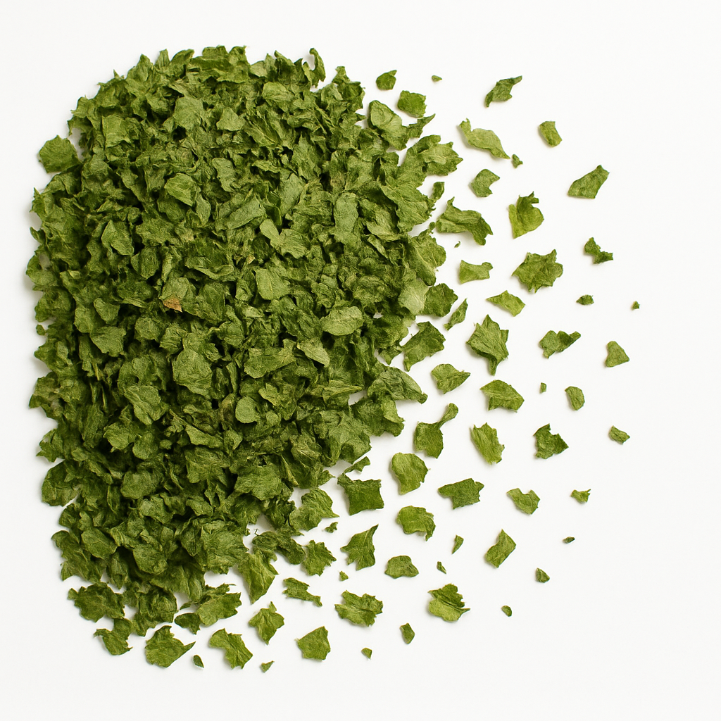 A pile of dried parsley flakes scattered on a white background