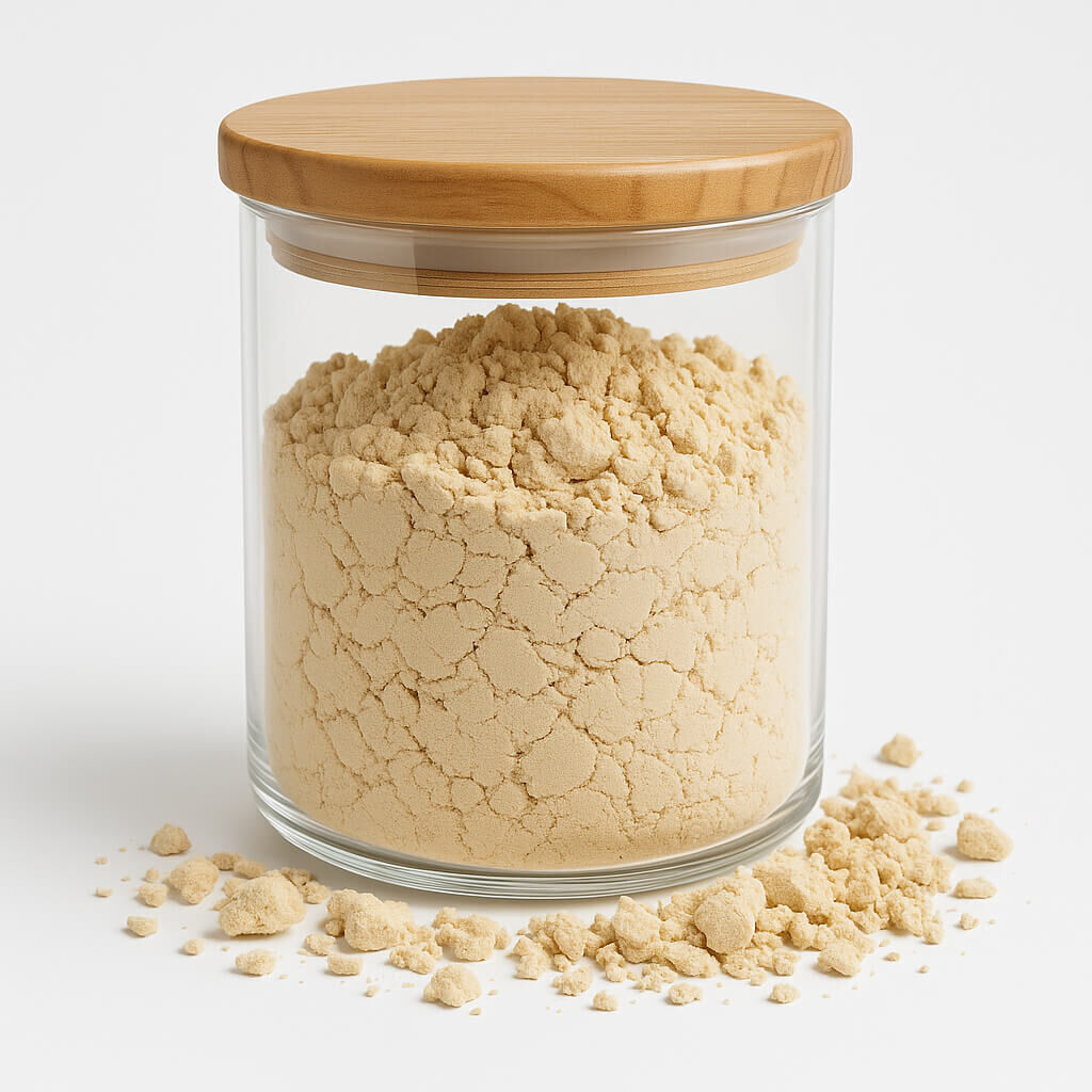 Close-up of glass jar filled with beige powder