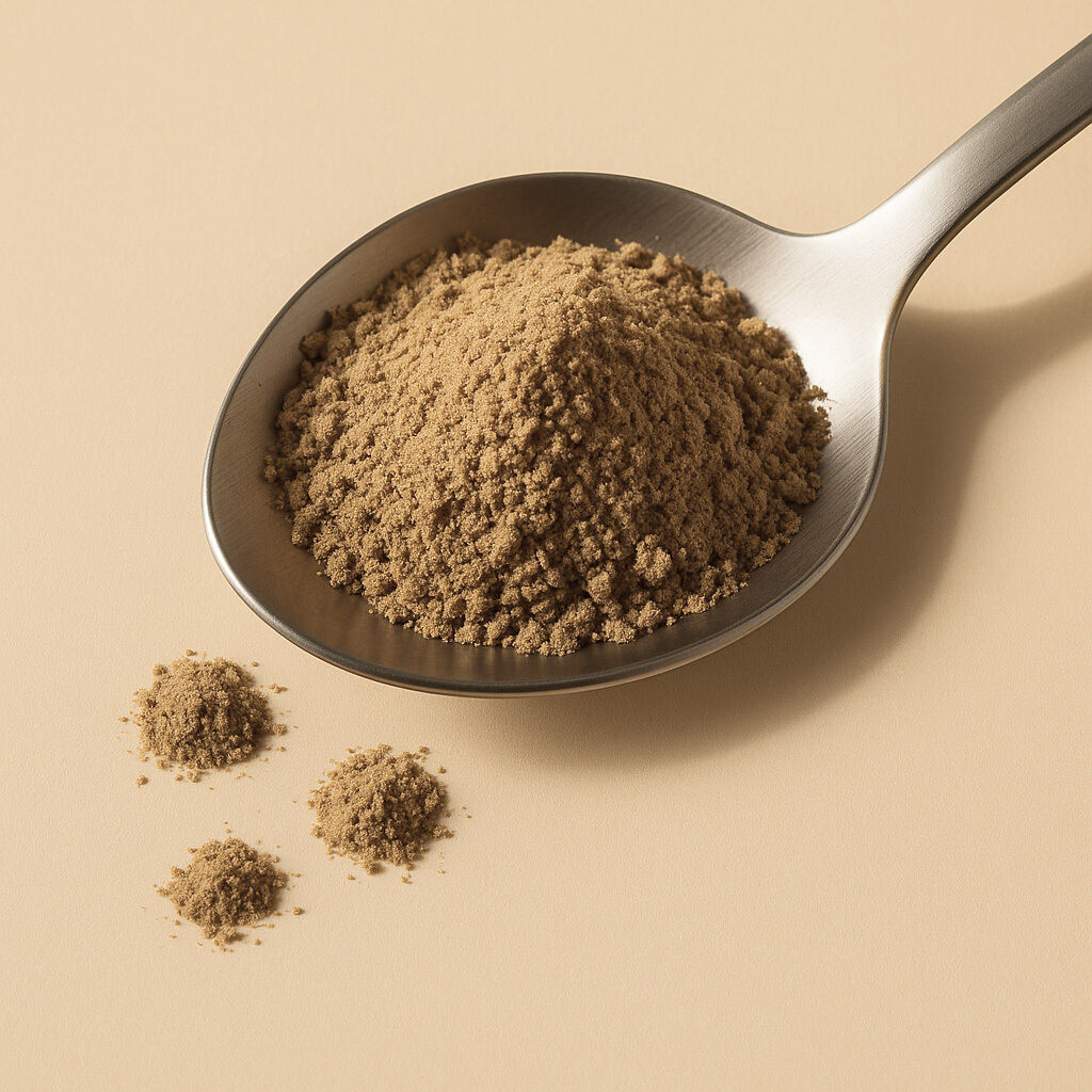 Nærbillede af fint malet brunt rørsukker i en metal ske på beige baggrund med tre små bunker ved siden af