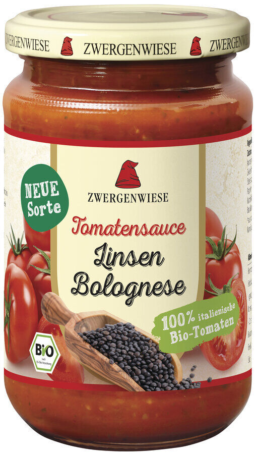 Glas Zwergenwiese Tomatensauce Linsen Bolognese mit Bio-Siegel, Aufdruck 'Neue Sorte' und Hinweis '100% italienische Bio-Tomaten', Vorderansicht mit Tomaten- und Linsen-Motiv