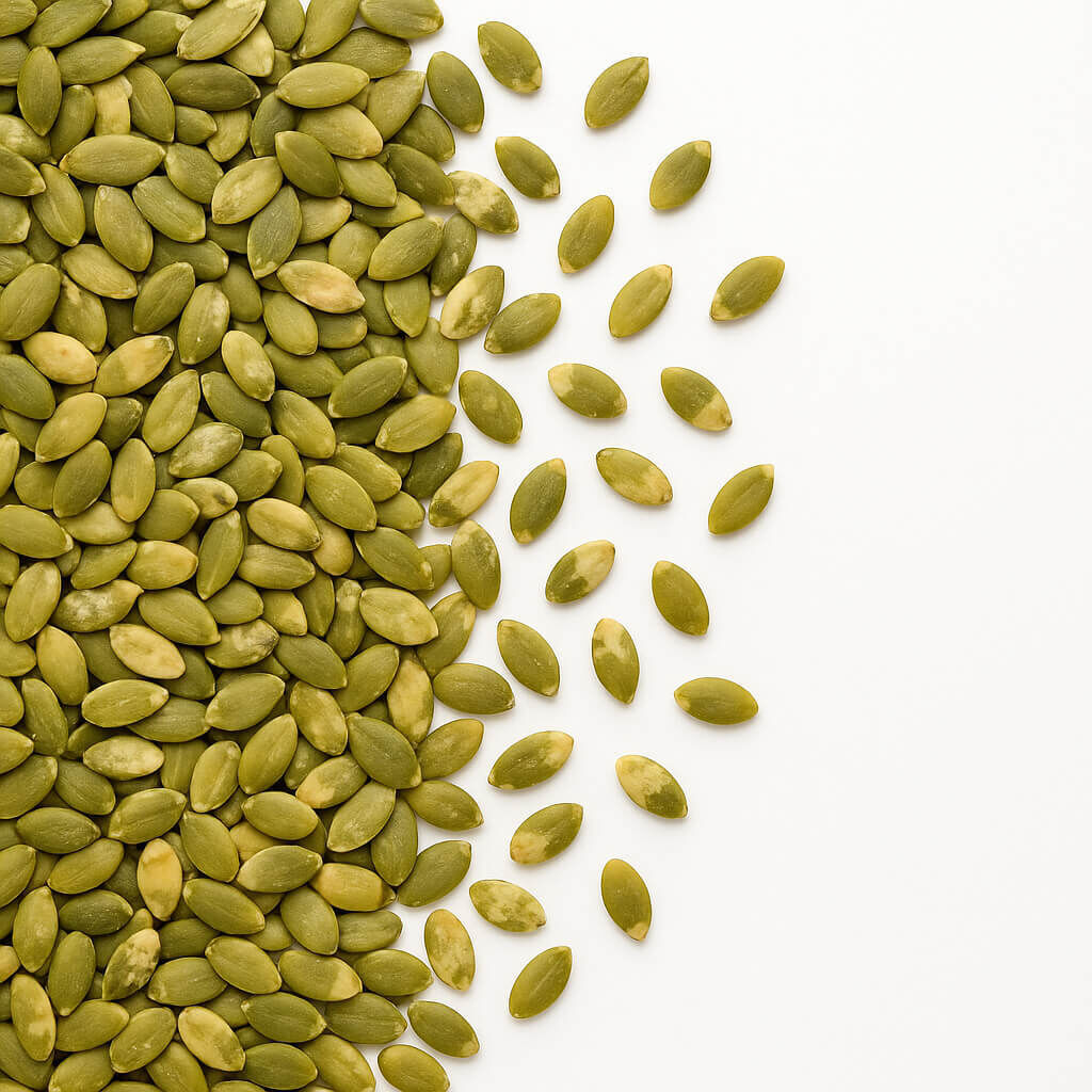 Close-up of green shelled pumpkin seeds on white
