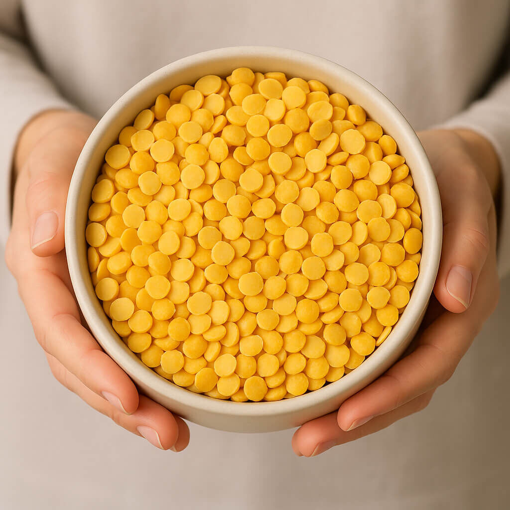 Hands holding bowl of small yellow pellets