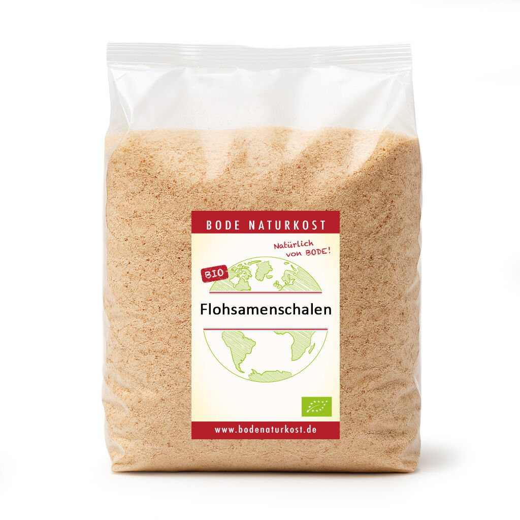 Clear bag of organic psyllium husk powder with label